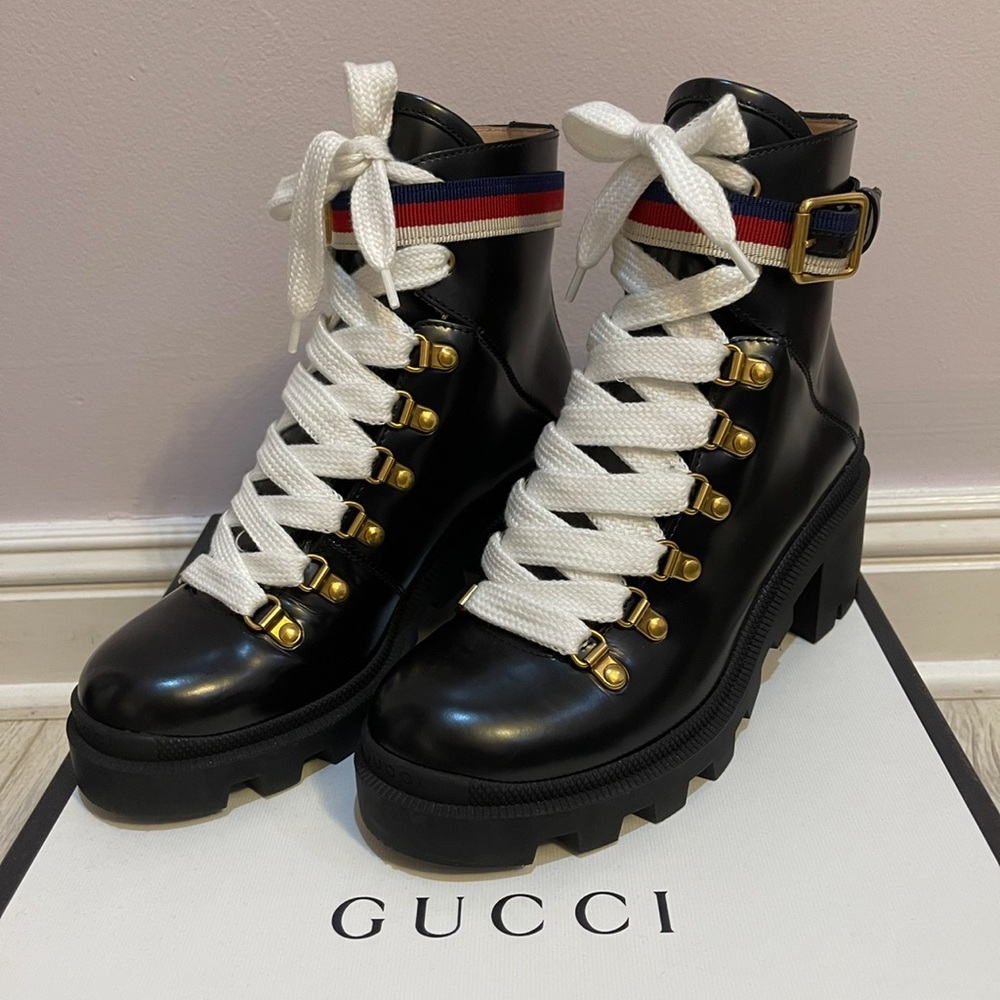 Authentic Gucci Women’s “Sylvie Web Leather Ankle Boot”